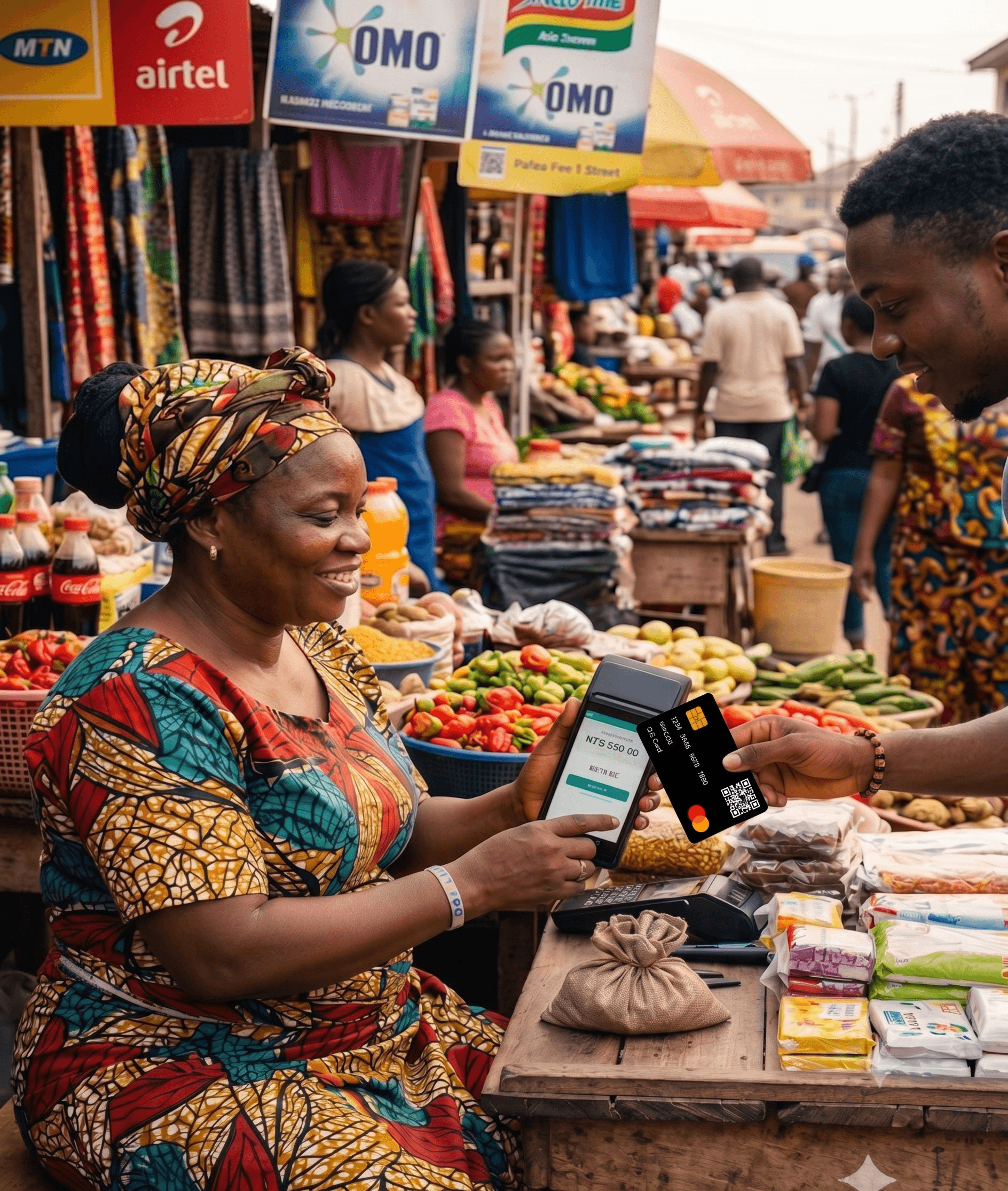 A market vendor accepting a QR-on-Card payment